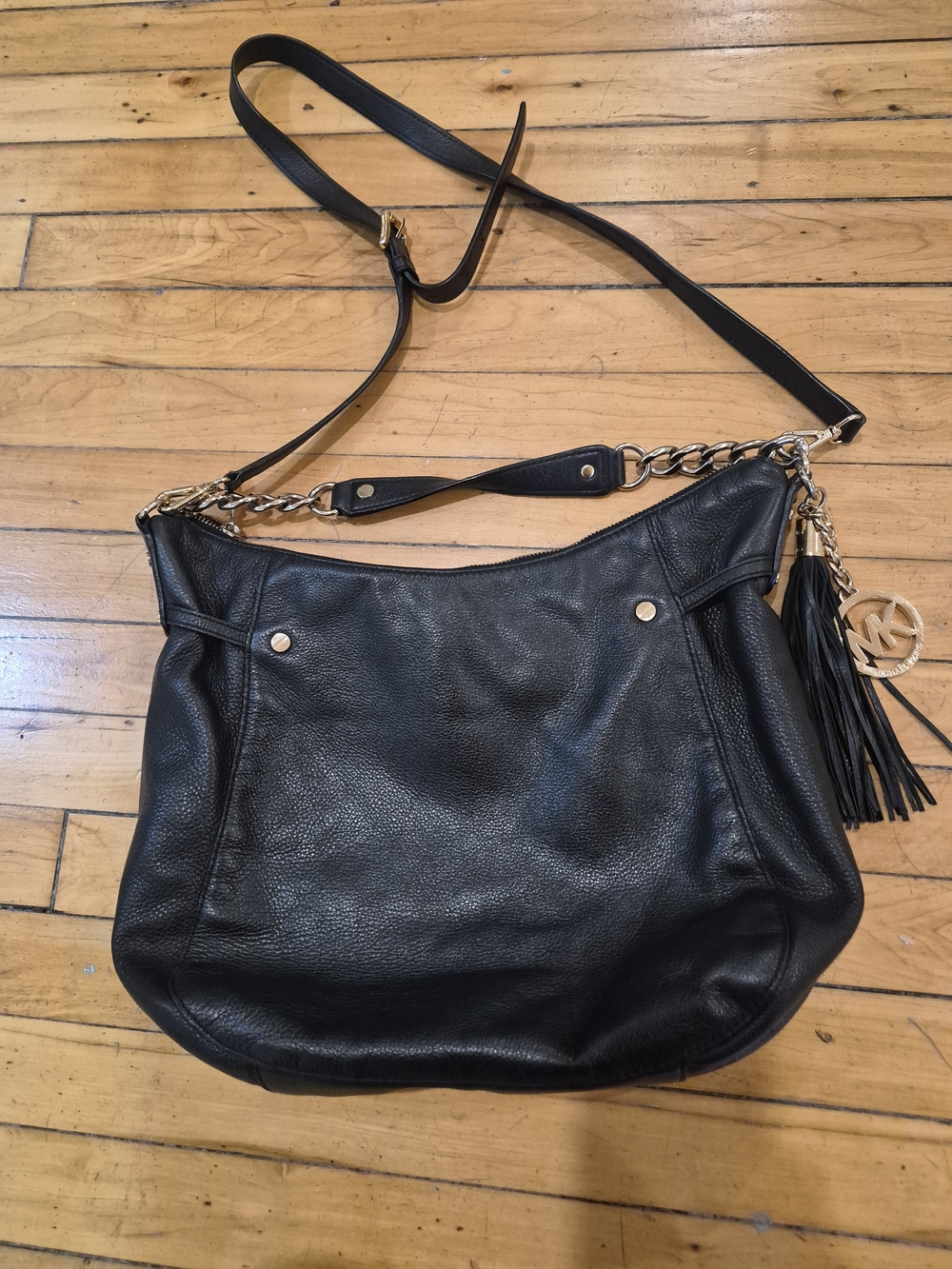 Michael Kors Black Leather Shoulder Bag with Tassel Charm